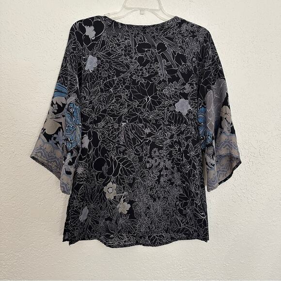 Citron Silk Floral Button Front Short Sleeve Black Top Small - Picture 6 of 6